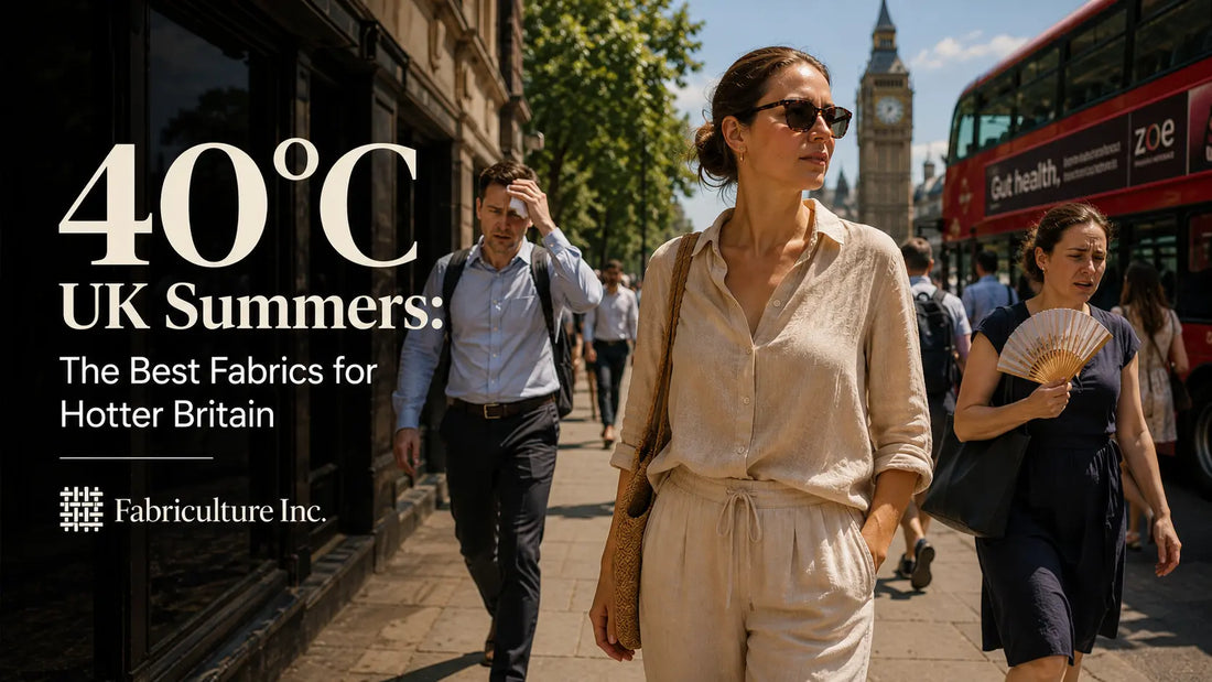 A woman wearing a light beige linen shirt and loose trousers walks comfortably through a sunny London street as commuters in heavier clothing wipe away sweat in the summer heat, illustrating the benefits of breathable natural fabrics during a UK heatwave.