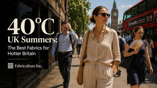 A woman wearing a light beige linen shirt and loose trousers walks comfortably through a sunny London street as commuters in heavier clothing wipe away sweat in the summer heat, illustrating the benefits of breathable natural fabrics during a UK heatwave.