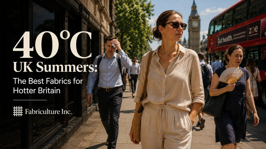 A woman wearing a light beige linen shirt and loose trousers walks comfortably through a sunny London street as commuters in heavier clothing wipe away sweat in the summer heat, illustrating the benefits of breathable natural fabrics during a UK heatwave.