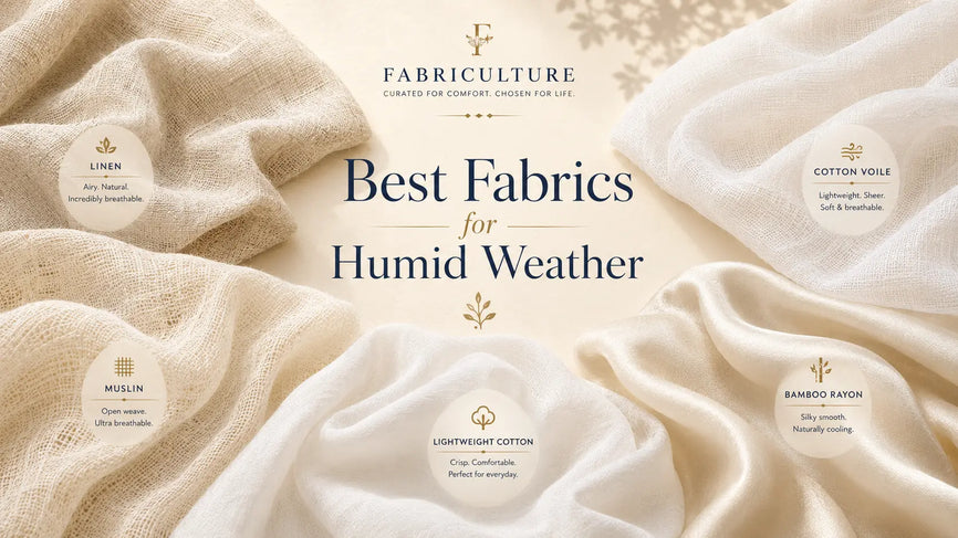 Best fabrics for humid weather featuring linen, cotton voile, muslin, bamboo rayon, and lightweight cotton arranged in an editorial textile flat lay showing breathable fabrics for hot and humid climates.