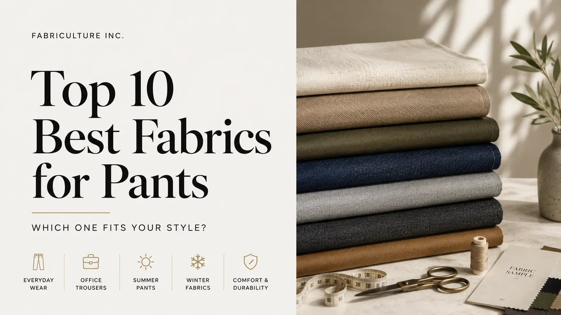 Comparison of the best fabrics for pants, featuring cotton twill, linen, denim, canvas, wool, and other premium trouser fabrics.