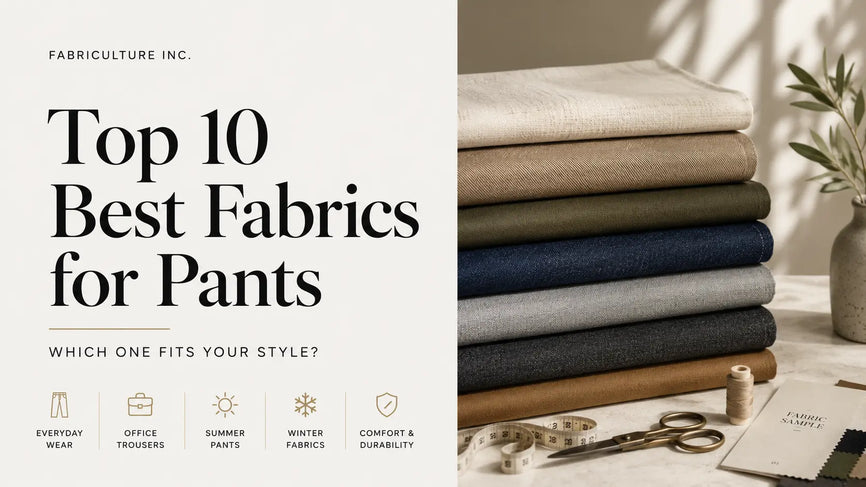 Comparison of the best fabrics for pants, featuring cotton twill, linen, denim, canvas, wool, and other premium trouser fabrics.