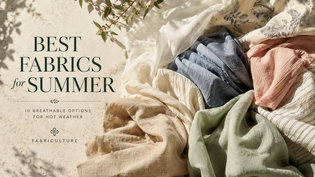 Breathable summer fabrics including linen, cotton voile, muslin, and gauze arranged in warm natural sunlight with luxury editorial styling.