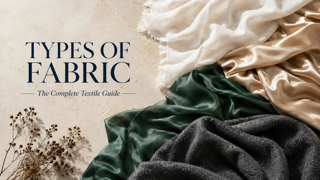 Luxury editorial textile composition featuring linen, cotton, silk, wool, and lyocell fabrics with the title Types of Fabric: The Complete Textile Guide.