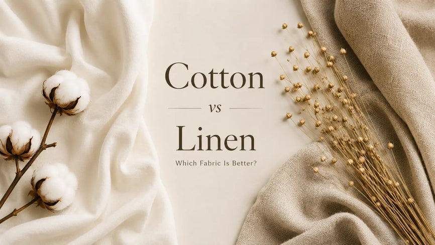 Luxury editorial comparison of cotton and linen fabric featuring smooth cotton folds and textured linen drapes arranged side by side.