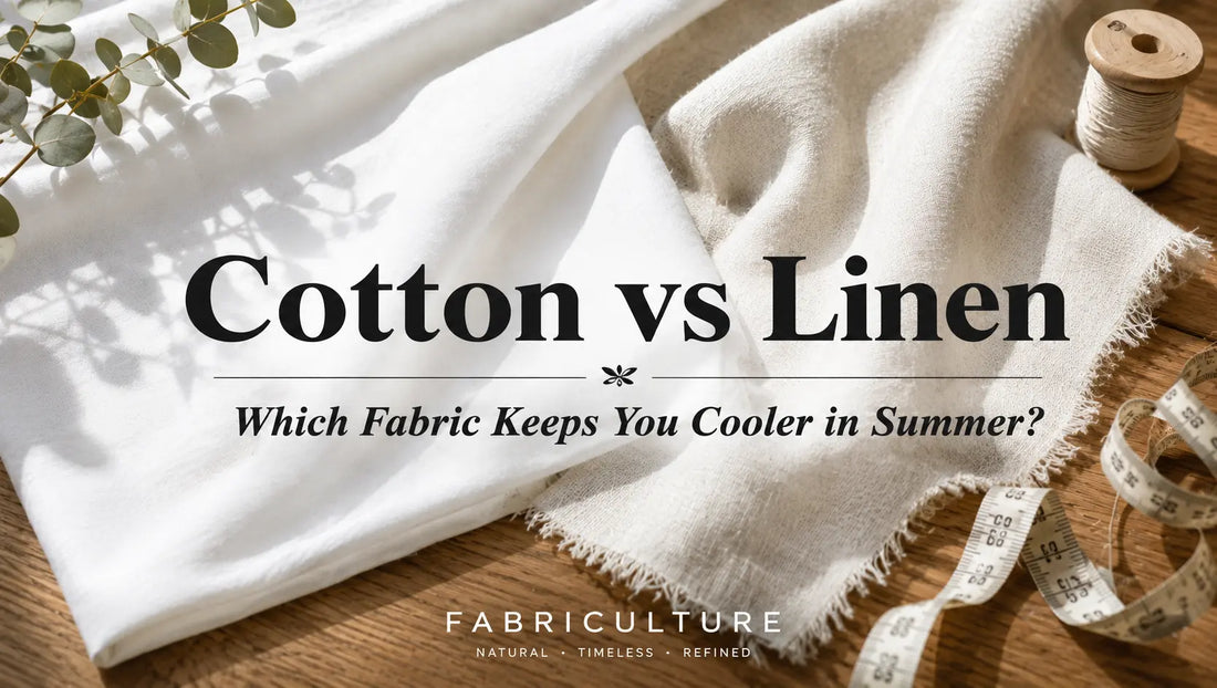 Cotton and linen fabric swatches displayed side by side, comparing two popular natural fabrics for summer clothing.