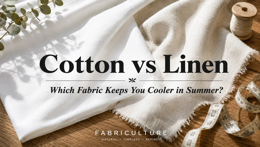 Cotton and linen fabric swatches displayed side by side, comparing two popular natural fabrics for summer clothing.