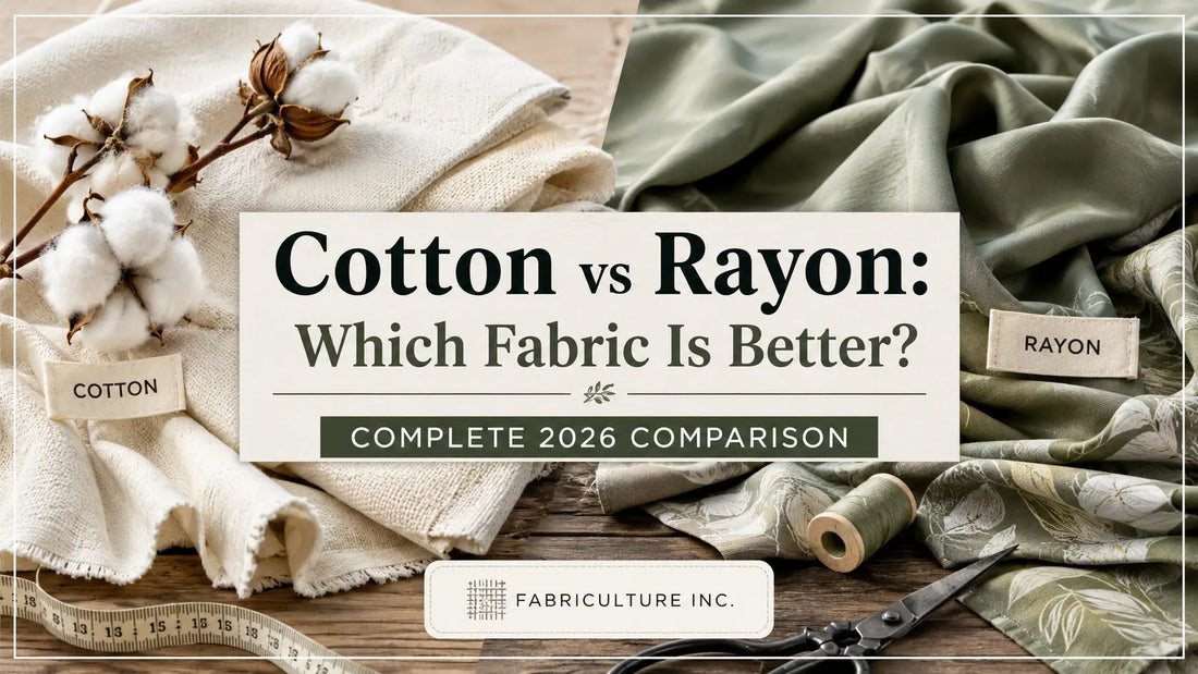 Editorial comparison of cotton and rayon fabrics displayed side by side on a wooden textile workbench, highlighting their natural textures, drape, and sewing applications.