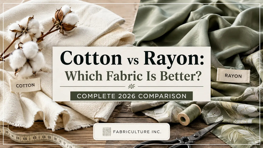 Editorial comparison of cotton and rayon fabrics displayed side by side on a wooden textile workbench, highlighting their natural textures, drape, and sewing applications.