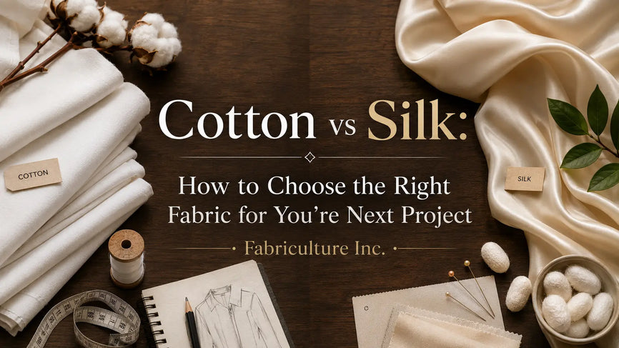 Cotton vs silk fabric comparison featured image showing folded white cotton and luxurious ivory silk on a wooden table with tailoring tools, cotton bolls, silkworm cocoons