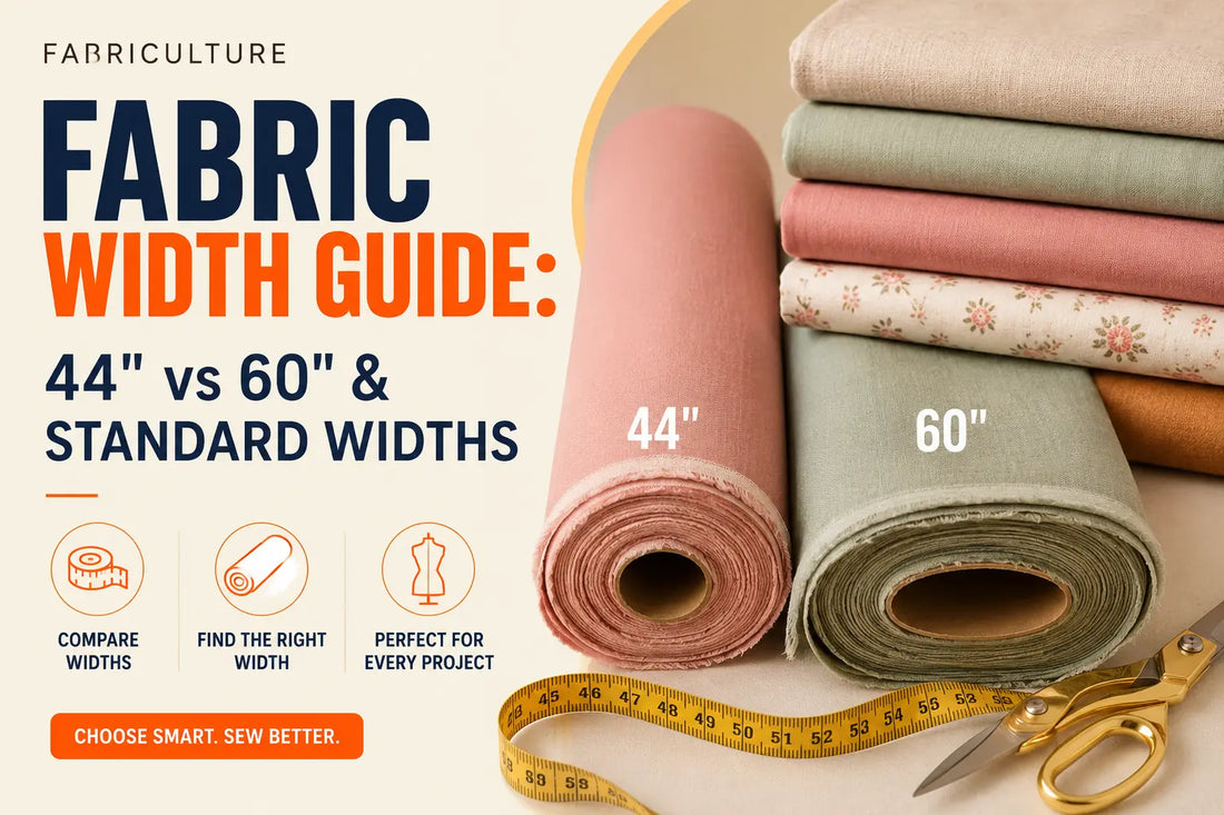 Fabric width guide comparing 44-inch and 60-inch fabric rolls with measuring tape and sewing tools in a textile studio.