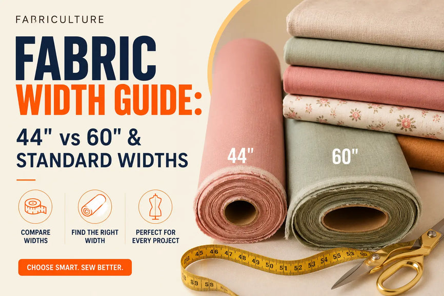 Fabric width guide comparing 44-inch and 60-inch fabric rolls with measuring tape and sewing tools in a textile studio.