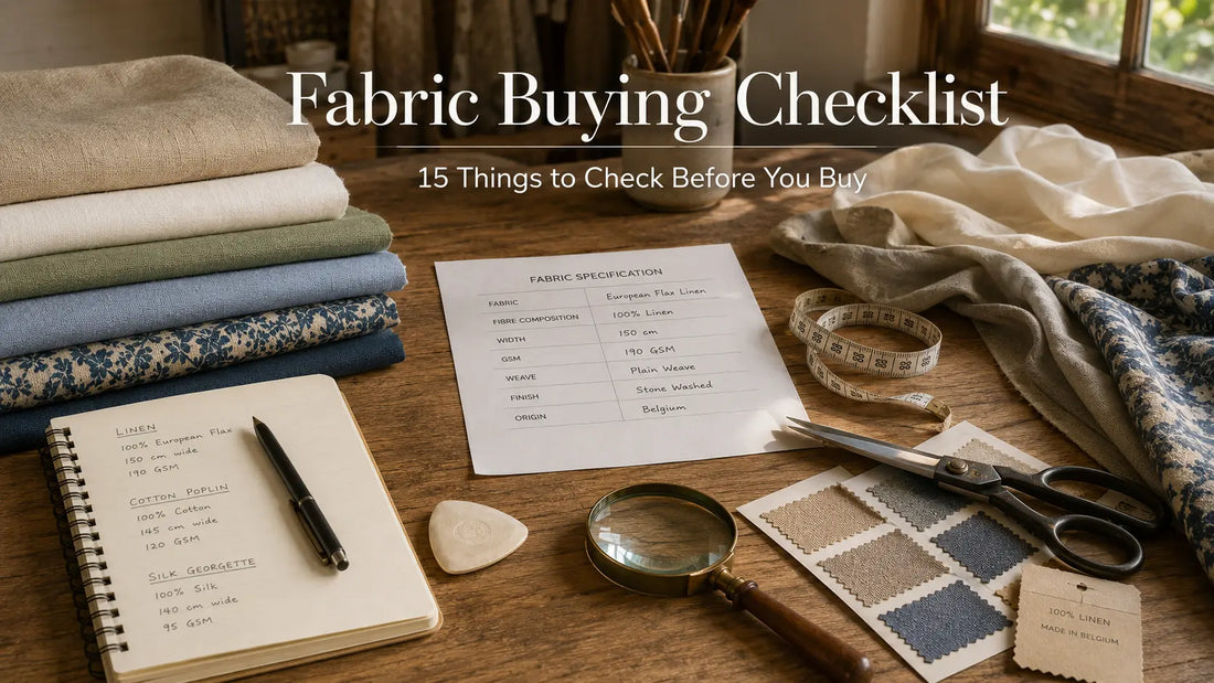 Editorial flat lay showing premium cotton, linen, silk, and hand block print fabrics with tailoring tools and a fabric specification sheet for a fabric buying checklist.