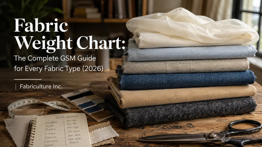 Fabric weight chart showing lightweight, medium-weight, and heavyweight fabrics arranged by GSM on a textile worktable.