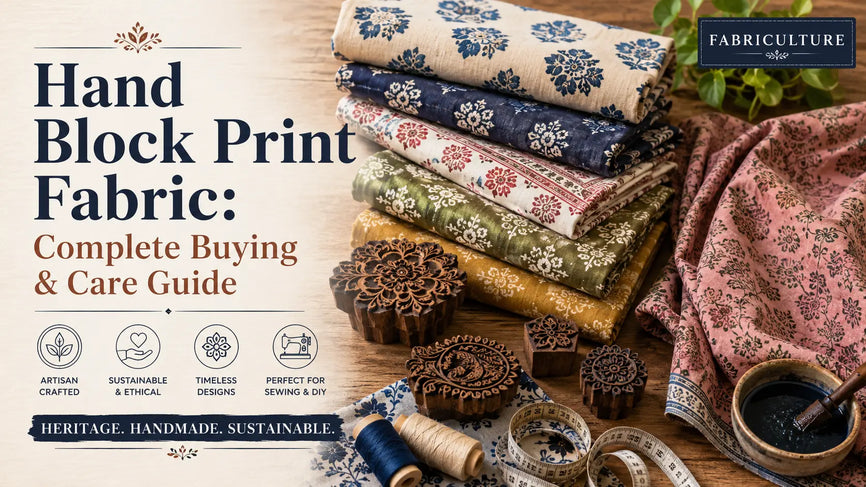 Hand block printed cotton and linen fabrics displayed with traditional carved wooden printing blocks on a wooden surface.