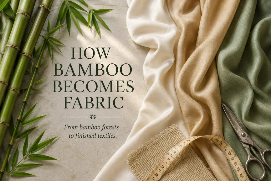 Raw bamboo stalks and leaves are arranged beside draped bamboo fabric, illustrating the transformation of bamboo into a soft textile.