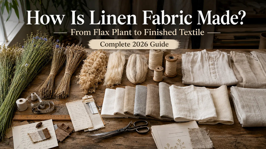 Editorial photograph showing the complete linen manufacturing journey from flax plants to finished linen fabric with natural fibres, yarn, and textiles.
