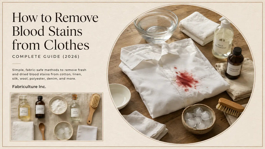 Editorial featured image showing a white cotton shirt with a fresh blood stain alongside cold water, mild detergent, hydrogen peroxide, and fabric care tools for removing blood stains from clothes.