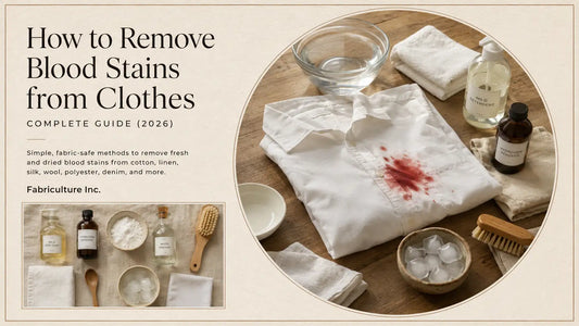 Editorial featured image showing a white cotton shirt with a fresh blood stain alongside cold water, mild detergent, hydrogen peroxide, and fabric care tools for removing blood stains from clothes.