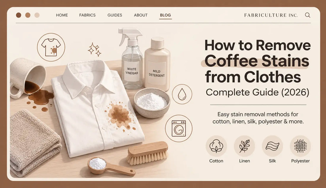 White cotton shirt with a fresh coffee stain beside a spilled coffee mug and household cleaning supplies on a wooden surface.
