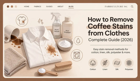 White cotton shirt with a fresh coffee stain beside a spilled coffee mug and household cleaning supplies on a wooden surface.