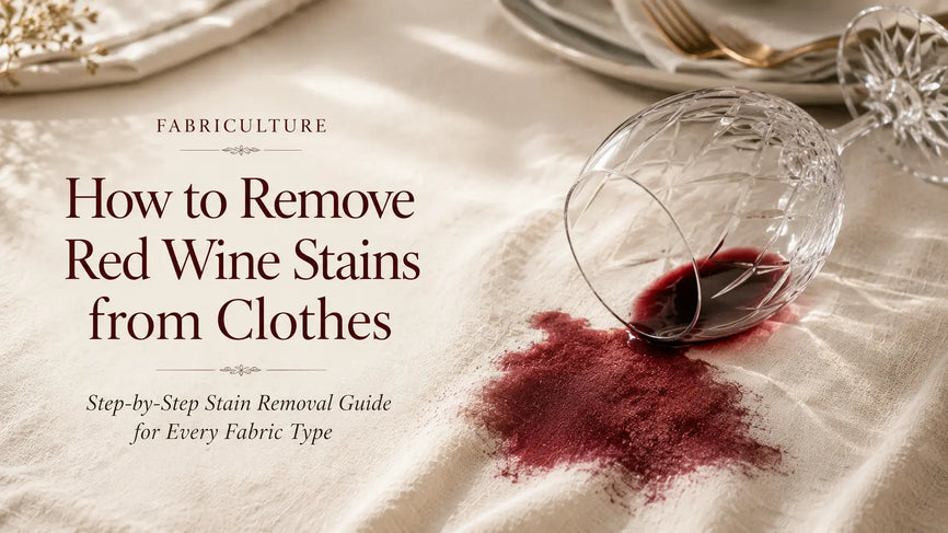 Featured image showing a spilled glass of red wine on a cream linen tablecloth with the title "How to Remove Red Wine Stains from Clothes".