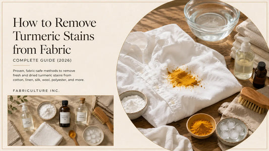 Editorial featured image showing a white cotton shirt with a fresh turmeric stain alongside cold water, dish soap, baking soda, and fabric care tools for removing turmeric stains from fabric.