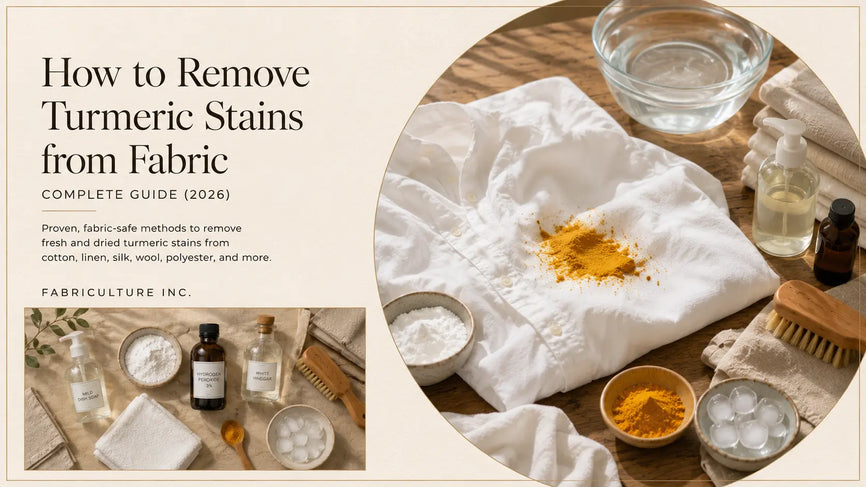 Editorial featured image showing a white cotton shirt with a fresh turmeric stain alongside cold water, dish soap, baking soda, and fabric care tools for removing turmeric stains from fabric.