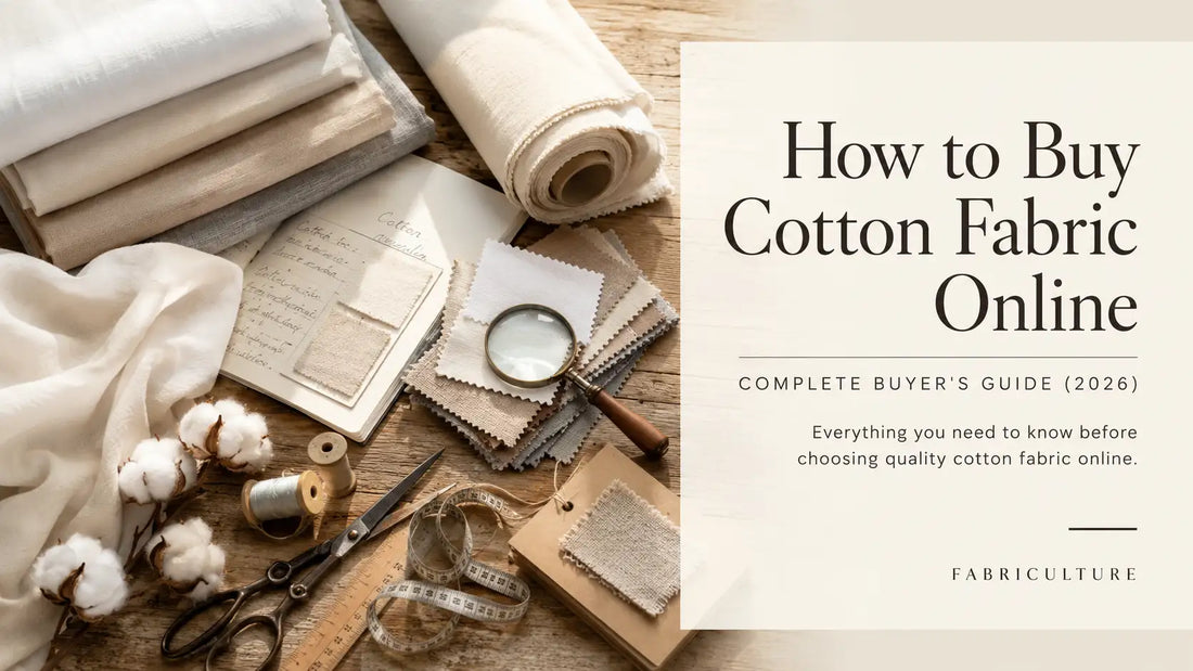Premium cotton fabrics, swatches, and textile tools arranged beside a laptop displaying an online fabric store for a cotton fabric buying guide.