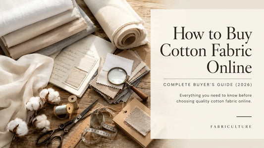 Premium cotton fabrics, swatches, and textile tools arranged beside a laptop displaying an online fabric store for a cotton fabric buying guide.
