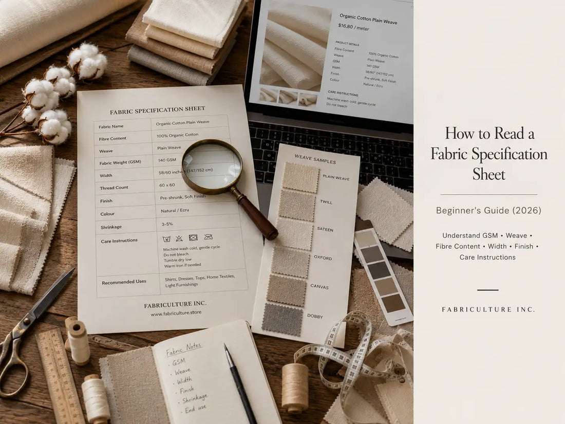 Fabric specification sheet surrounded by cotton fabric swatches, measuring tools, and a magnifying glass on a wooden worktable.