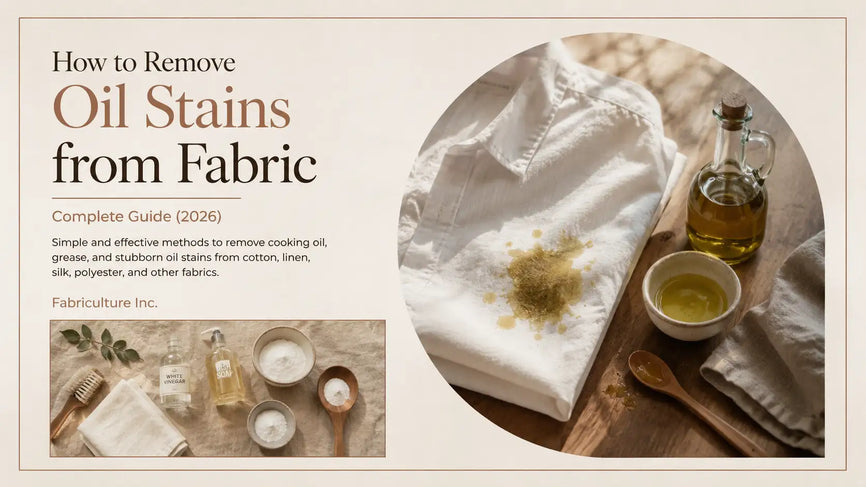 Editorial image of an oil-stained white cotton shirt with cooking oil, dish soap, baking soda, and stain removal supplies on a wooden table.