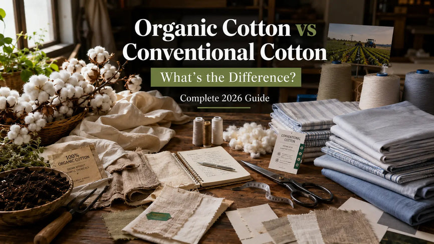 Editorial documentary photograph comparing organic and conventional cotton with cotton bolls, fabric swatches, sewing tools, and folded fabrics on a wooden textile workbench.