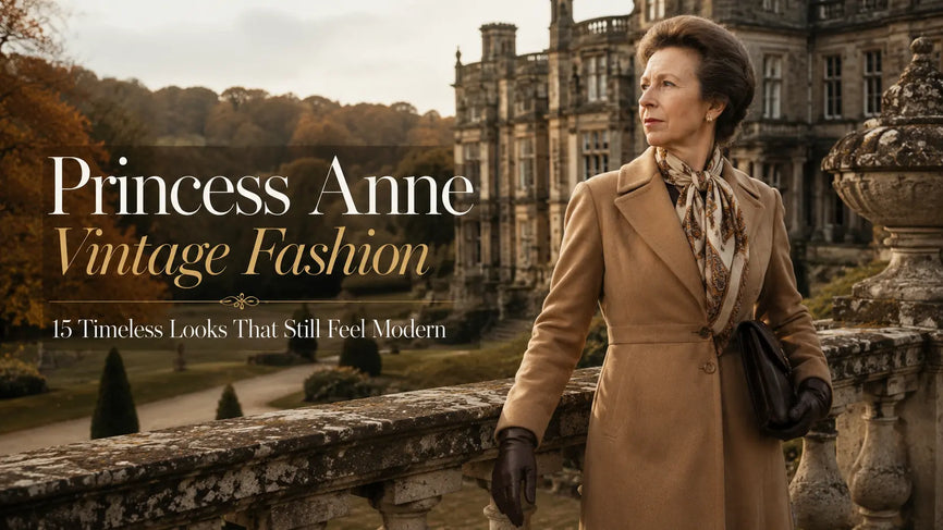 Editorial image of a woman in British heritage-inspired tailoring wearing a camel wool coat and silk scarf.