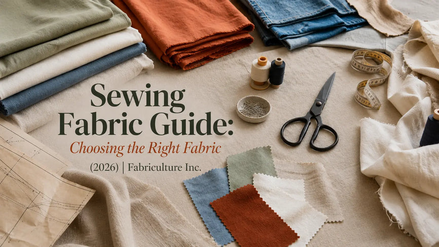 Selection of sewing fabrics and sewing tools arranged naturally on a worktable, showcasing different fabric types commonly used for sewing projects.