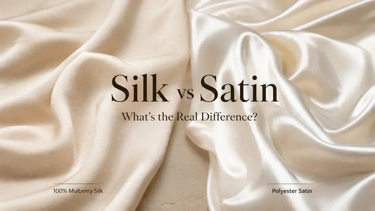 Silk vs satin fabric comparison showing natural silk texture, subtle lustre, and polyester satin's glossy reflective finish.