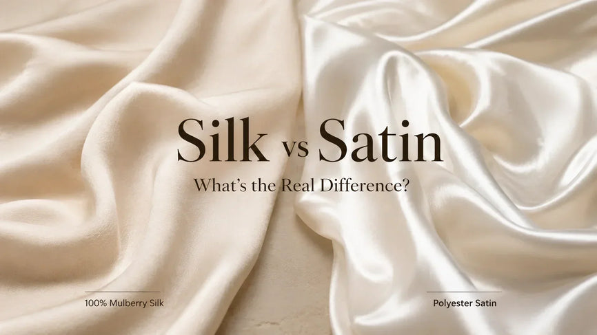 Silk vs satin fabric comparison showing natural silk texture, subtle lustre, and polyester satin's glossy reflective finish.