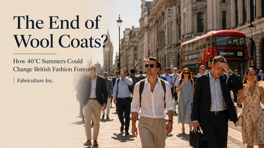 Infographic showing how 40°C UK summers could change British fashion, highlighting the shift from heavy wool clothing to breathable natural fabrics like linen and cotton.