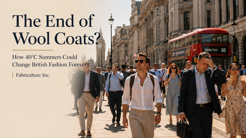 Infographic showing how 40°C UK summers could change British fashion, highlighting the shift from heavy wool clothing to breathable natural fabrics like linen and cotton.