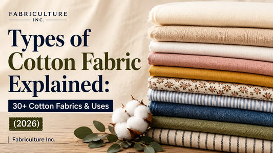 Editorial flat lay featuring a variety of cotton fabric swatches including lawn, poplin, denim, muslin, canvas, and chambray arranged on a natural linen-covered table.