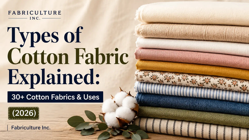 Editorial flat lay featuring a variety of cotton fabric swatches including lawn, poplin, denim, muslin, canvas, and chambray arranged on a natural linen-covered table.