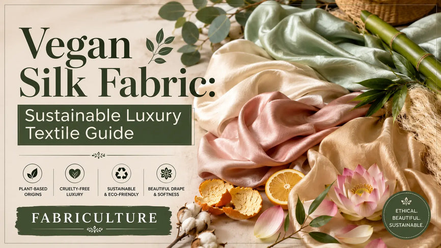 Plant-based vegan silk fabrics displayed with eucalyptus leaves, bamboo stems, lotus flowers, and other natural fibre sources.