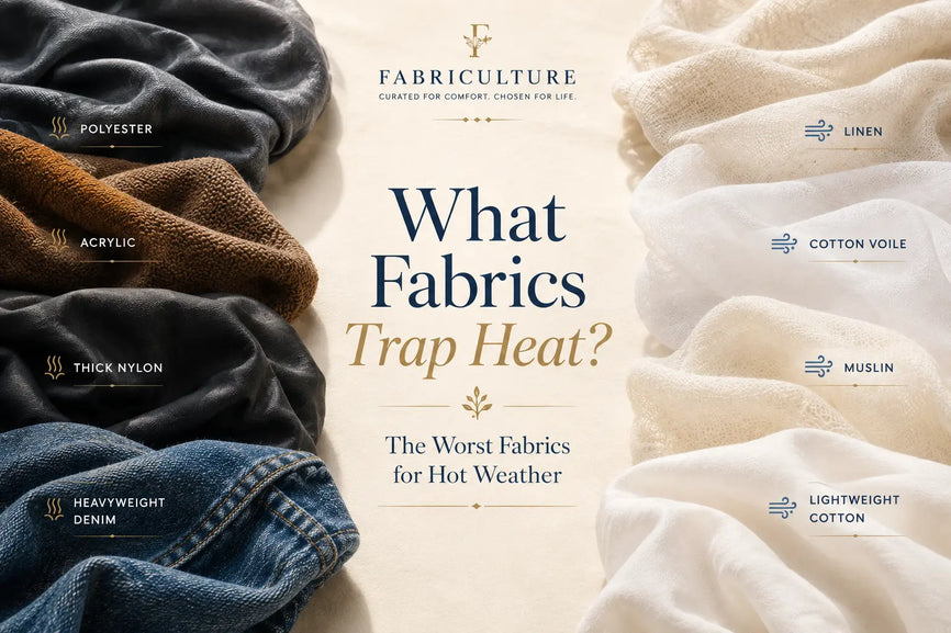 Comparison of heat-trapping fabrics and breathable fabrics featuring polyester, acrylic, nylon, denim, fleece, linen, muslin, cotton voile, and lightweight cotton.