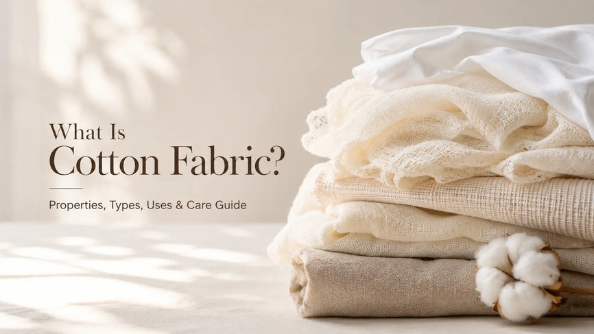 Premium cotton fabrics arranged in elegant folds showcasing different cotton textures including poplin, muslin, and lawn fabric.