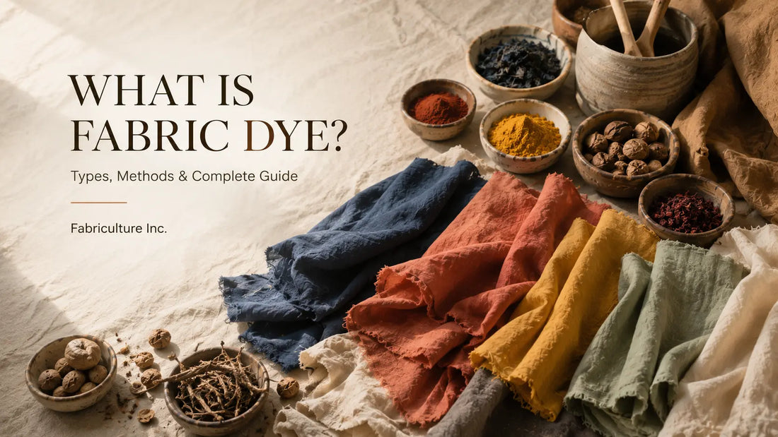 Naturally dyed fabric swatches and natural dye ingredients arranged on an artisan worktable, illustrating traditional and modern fabric dyeing practices.