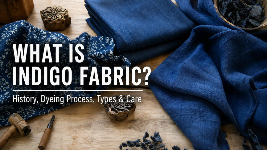Indigo-dyed cotton and linen fabrics arranged with traditional printing blocks on a wooden surface.