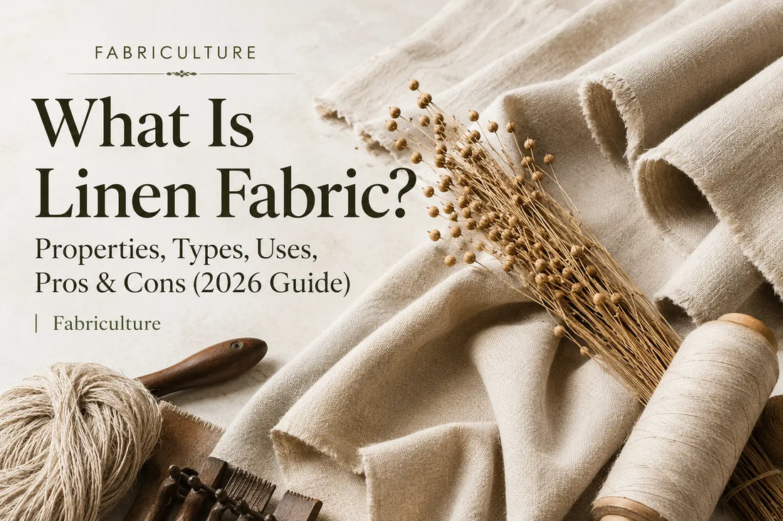 Featured image for Fabriculture's guide to linen fabric showcasing natural linen textiles, flax stems, and textile tools with the title "What Is Linen Fabric? Properties, Types, Uses, Pros & Cons".