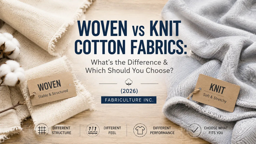Woven and knit cotton fabrics arranged side by side on a wooden textile workbench, highlighting their different textures, structure, and stretch with natural sewing tools in an editorial setting.