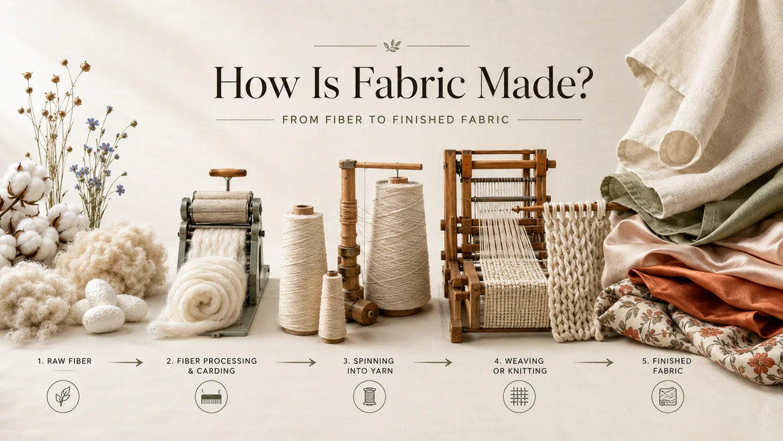 Illustration showing how fabric is made from raw fibers through fiber processing, spinning into yarn, weaving or knitting, and finishing into cotton, linen, silk, and printed fabrics.