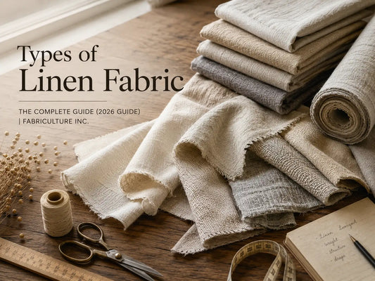 Different types of linen fabric arranged on a wooden textile designer's worktable showing various linen textures, weaves, and weights.